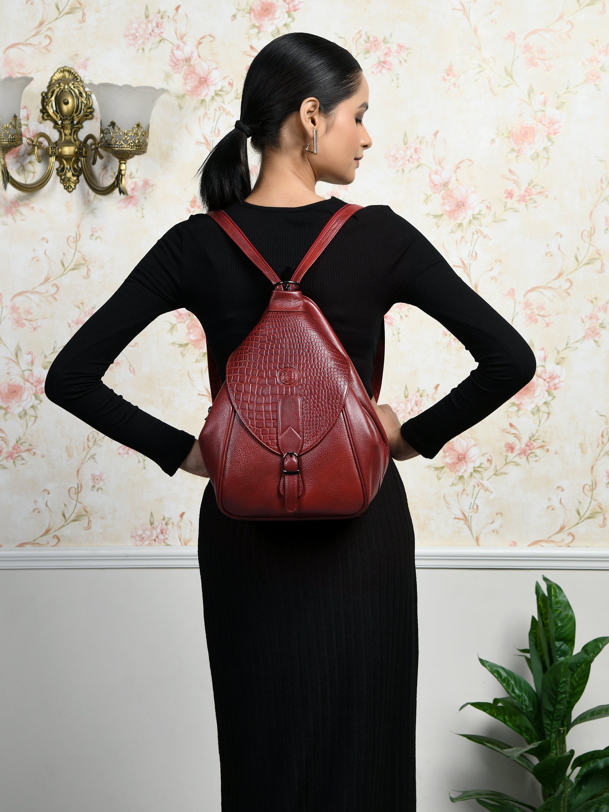 Maroon Croco Leather Shoulder Bag - Cherry Red Colour